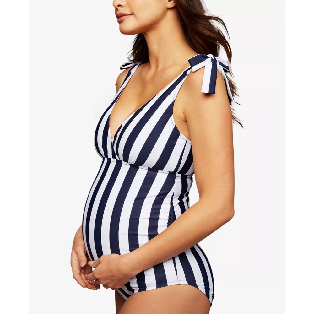 A Pea in the Pod Maternity One-Piece Stripe Bathing Swim Suit Medium Navy White